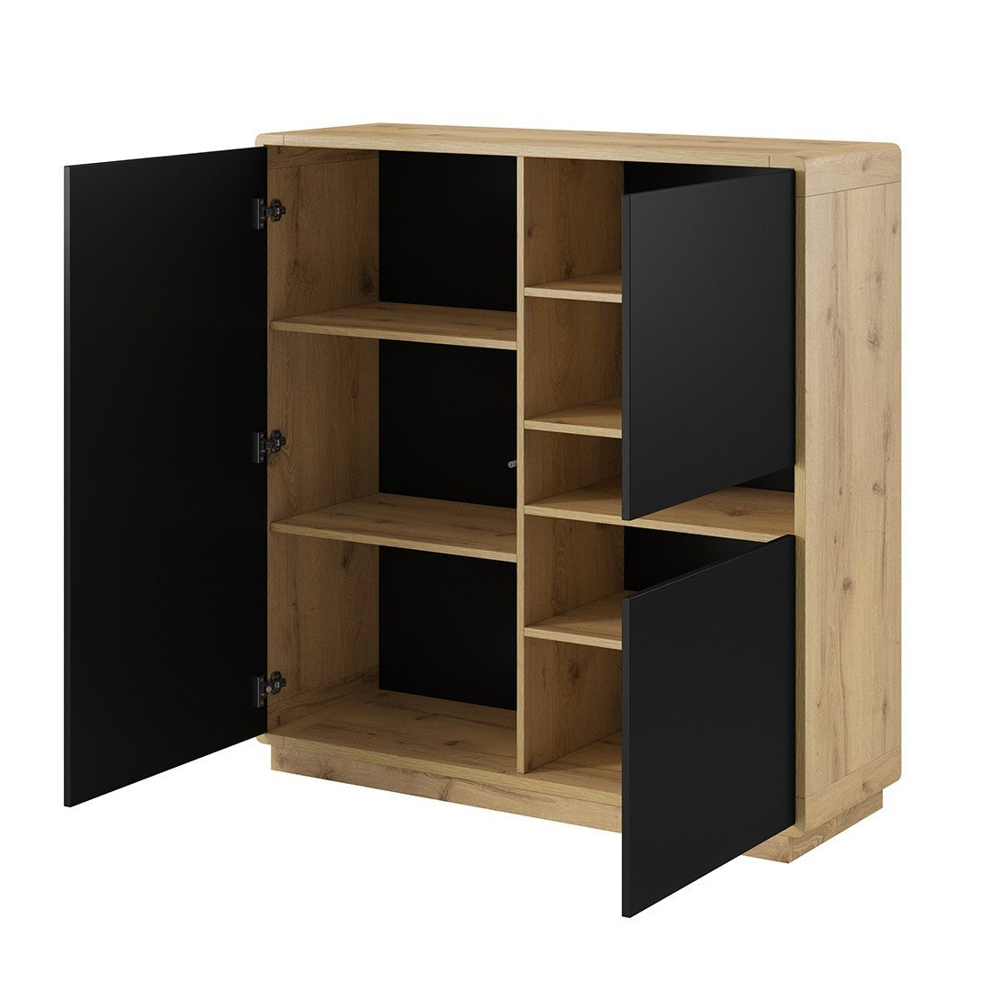 Credenza alta collezione VILLA. Colore quercia e nero. 3 porte e 1 nicchia illuminata.