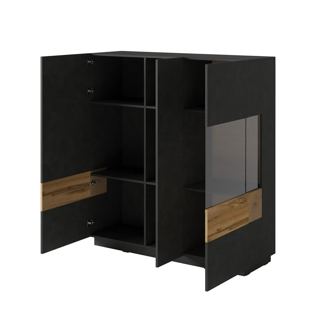 Credenza alta KILES con tre ante e illuminazione LED. Colore grigio antracite e rovere. Stile design.