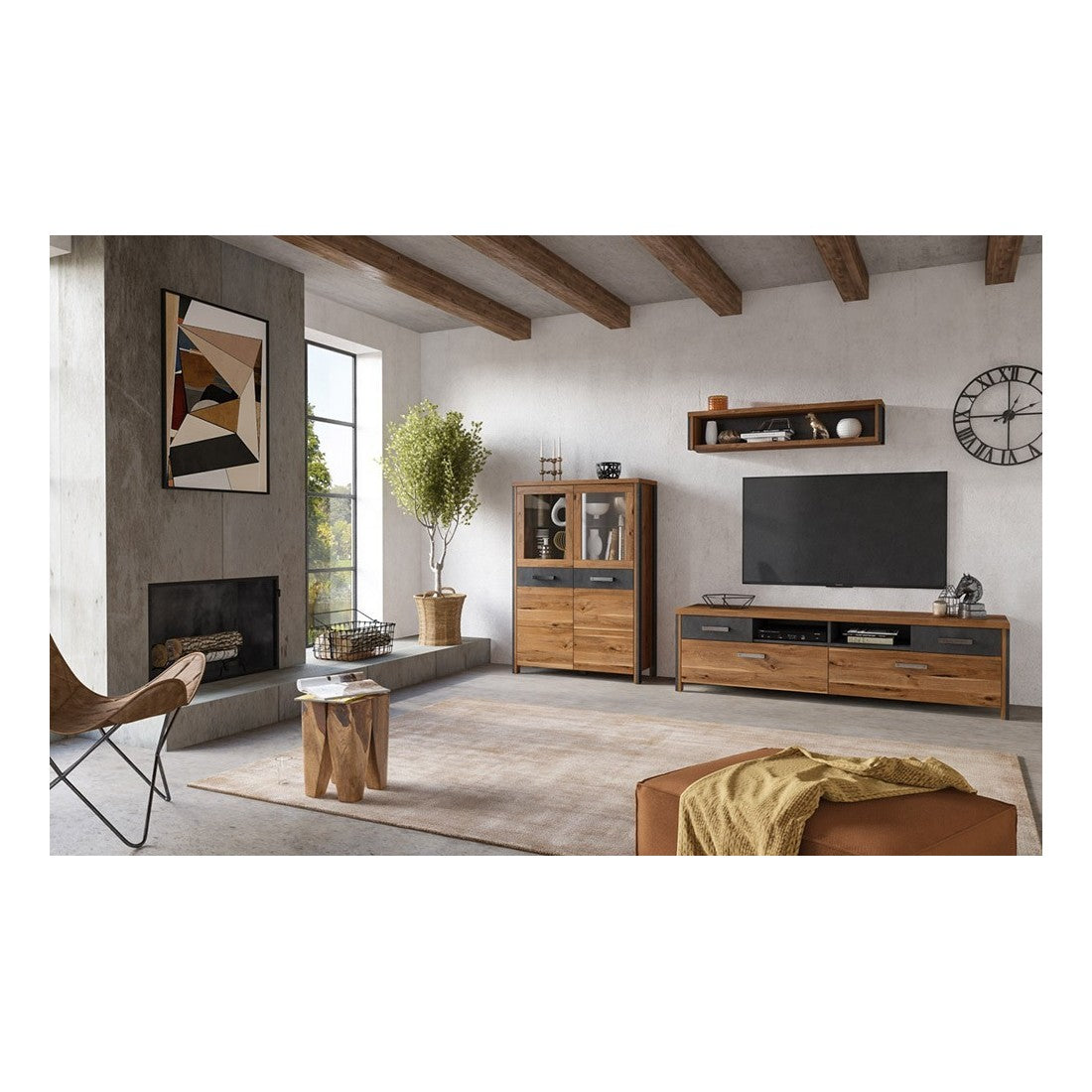 Credenza alta WINDSOR in rovere scuro e grigio antracite - 2 grandi porte - 97 x 138 x 37 cm