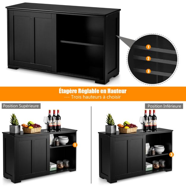 Credenza mobile da cucina in MDF con 2 ripiani portaoggetti e 2 ante scorrevoli nera 20_0004795