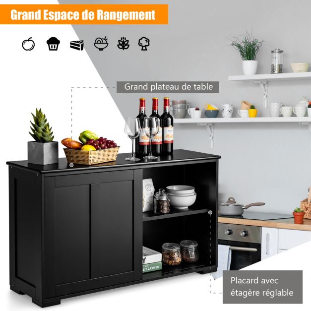 Credenza mobile da cucina in MDF con 2 ripiani portaoggetti e 2 ante scorrevoli nera 20_0004795
