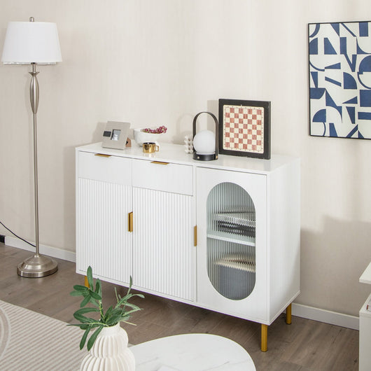 Credenza da cucina con 3 ante e 2 cassetti con dispositivo antiribaltamento in vetro traslucido 120 x 40 x 88 cm bianco 20_0007951