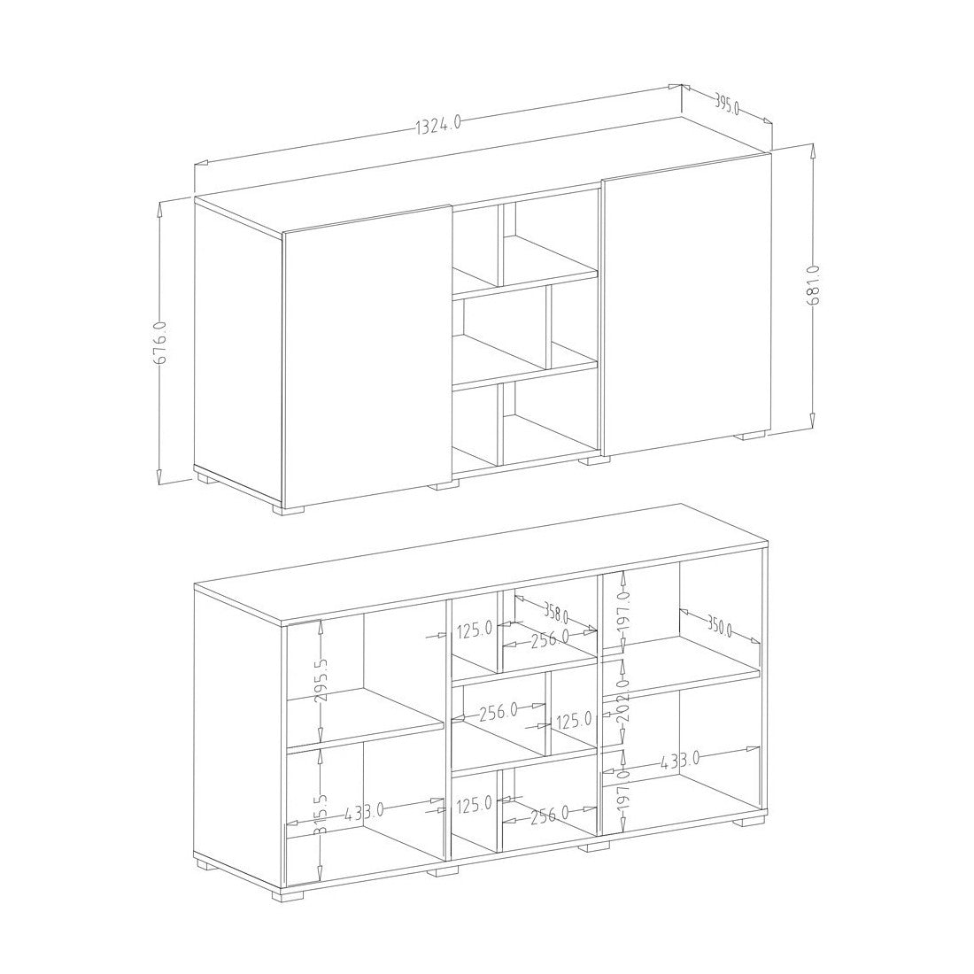 Buffet NARVA 130 cm effetto ardesia - 2 porte e 6 nicchie - 132.4 x 68.1 x 39.5 cm