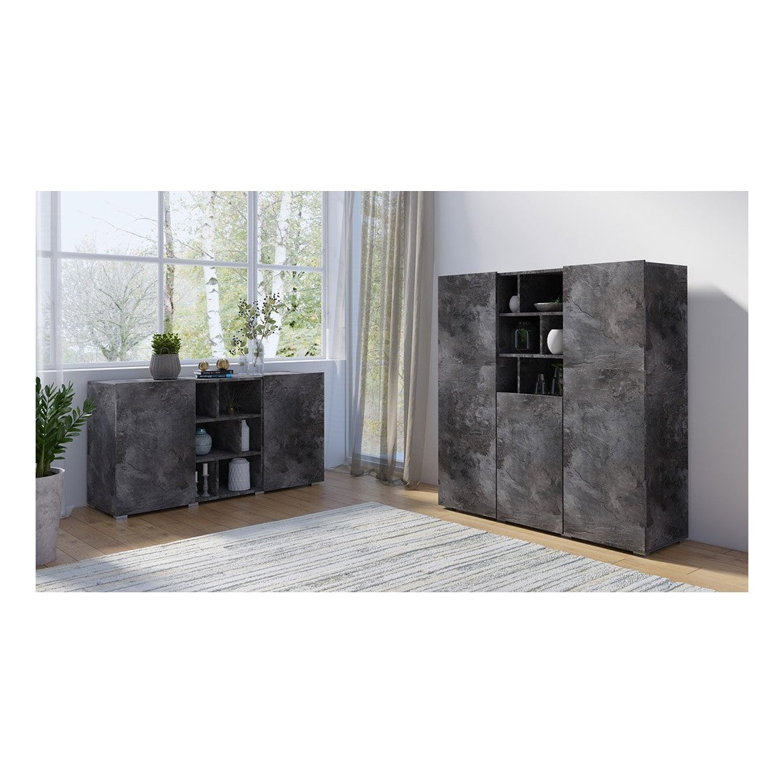 Buffet NARVA 130 cm effetto ardesia - 2 porte e 6 nicchie - 132.4 x 68.1 x 39.5 cm