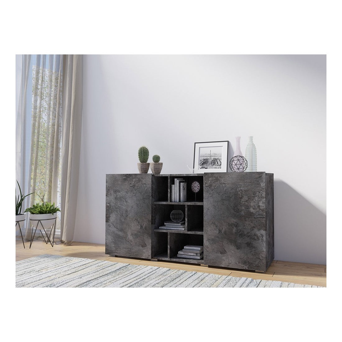 Buffet NARVA 130 cm effetto ardesia - 2 porte e 6 nicchie - 132.4 x 68.1 x 39.5 cm