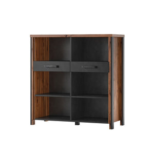 Buffet aperto WINDSOR - Rovere scuro e grigio antracite - 6 vani, 2 cassetti - 106.9 x 110.2 x 44 cm