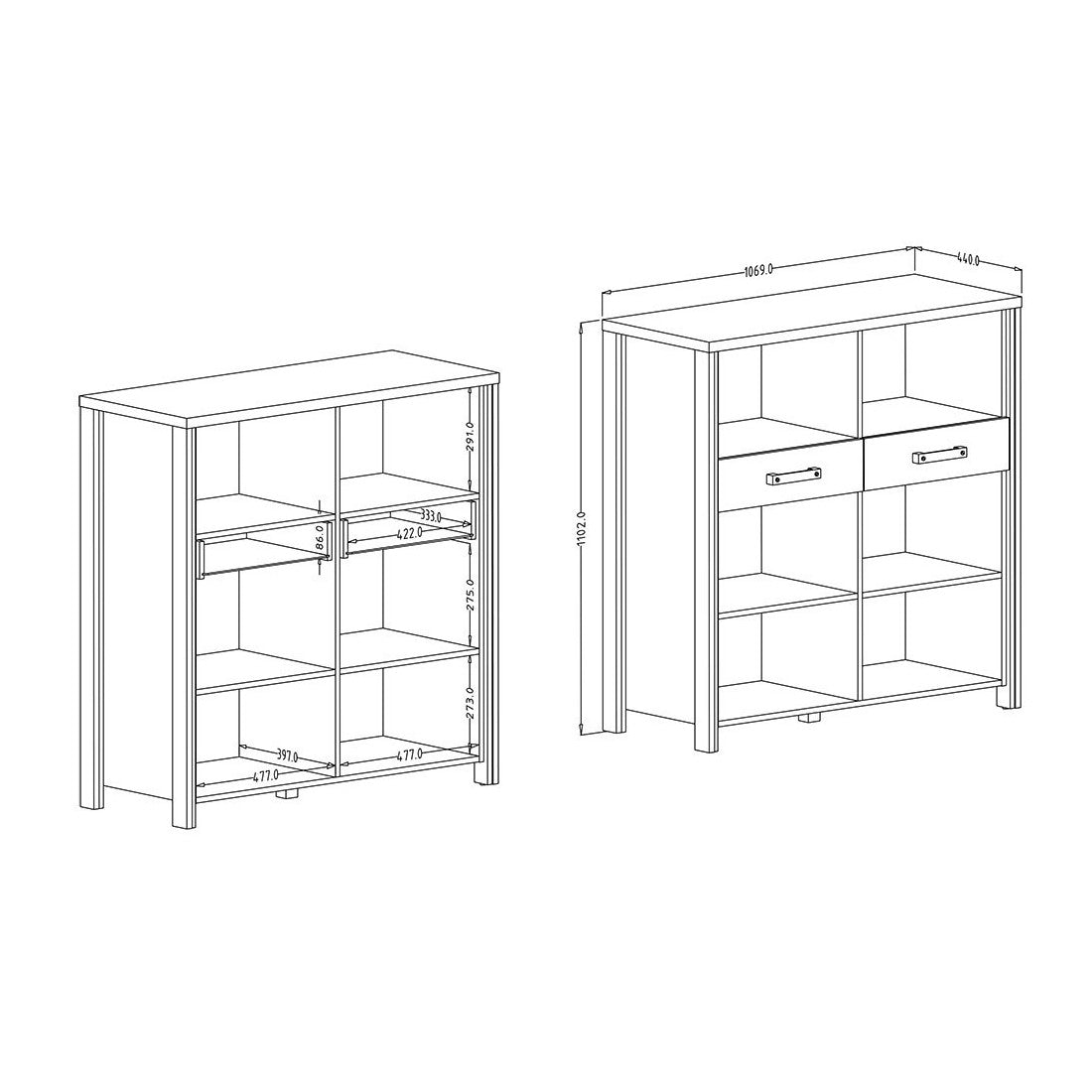 Buffet aperto WINDSOR - Rovere scuro e grigio antracite - 6 vani, 2 cassetti - 106.9 x 110.2 x 44 cm