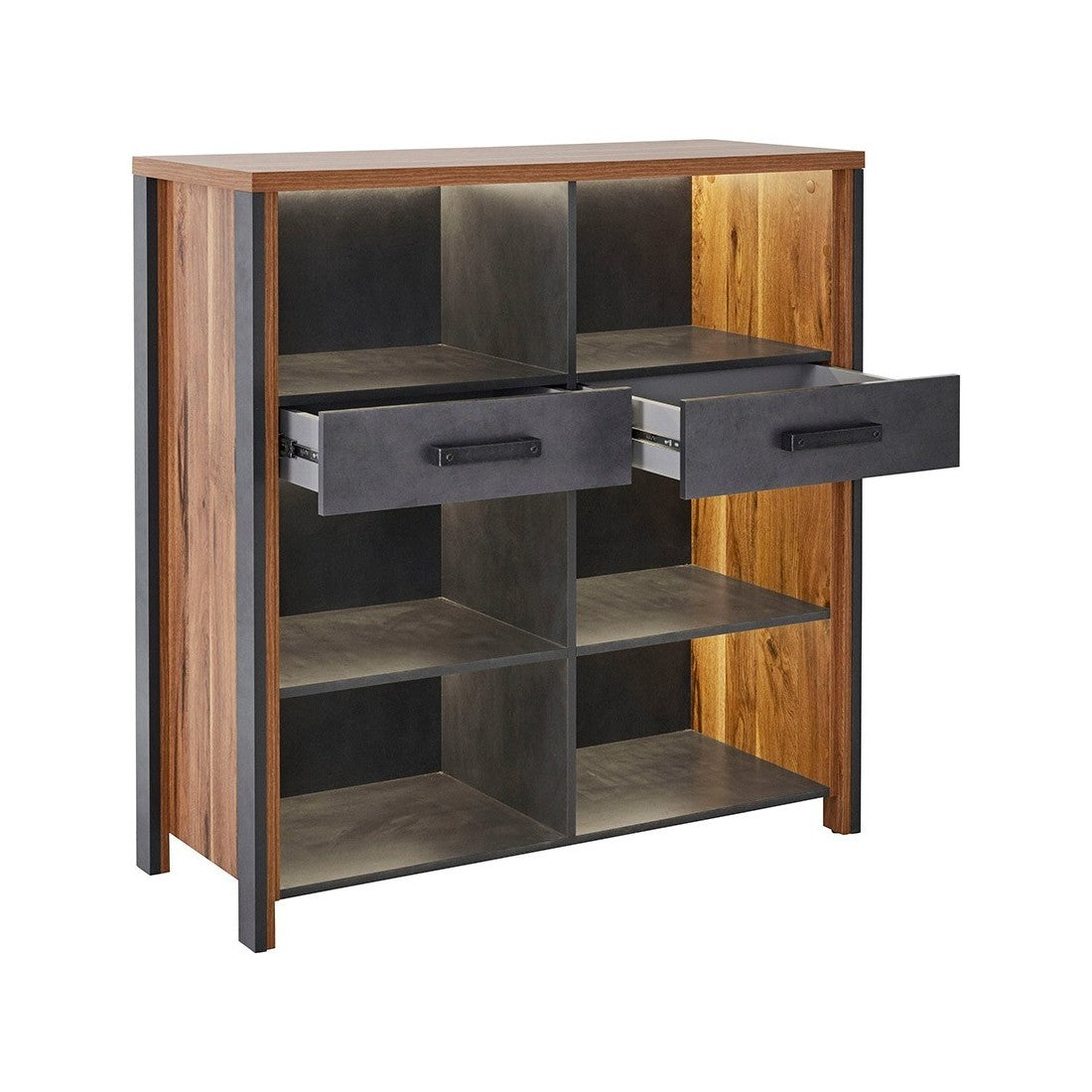 Buffet aperto WINDSOR - Rovere scuro e grigio antracite - 6 vani, 2 cassetti - 106.9 x 110.2 x 44 cm