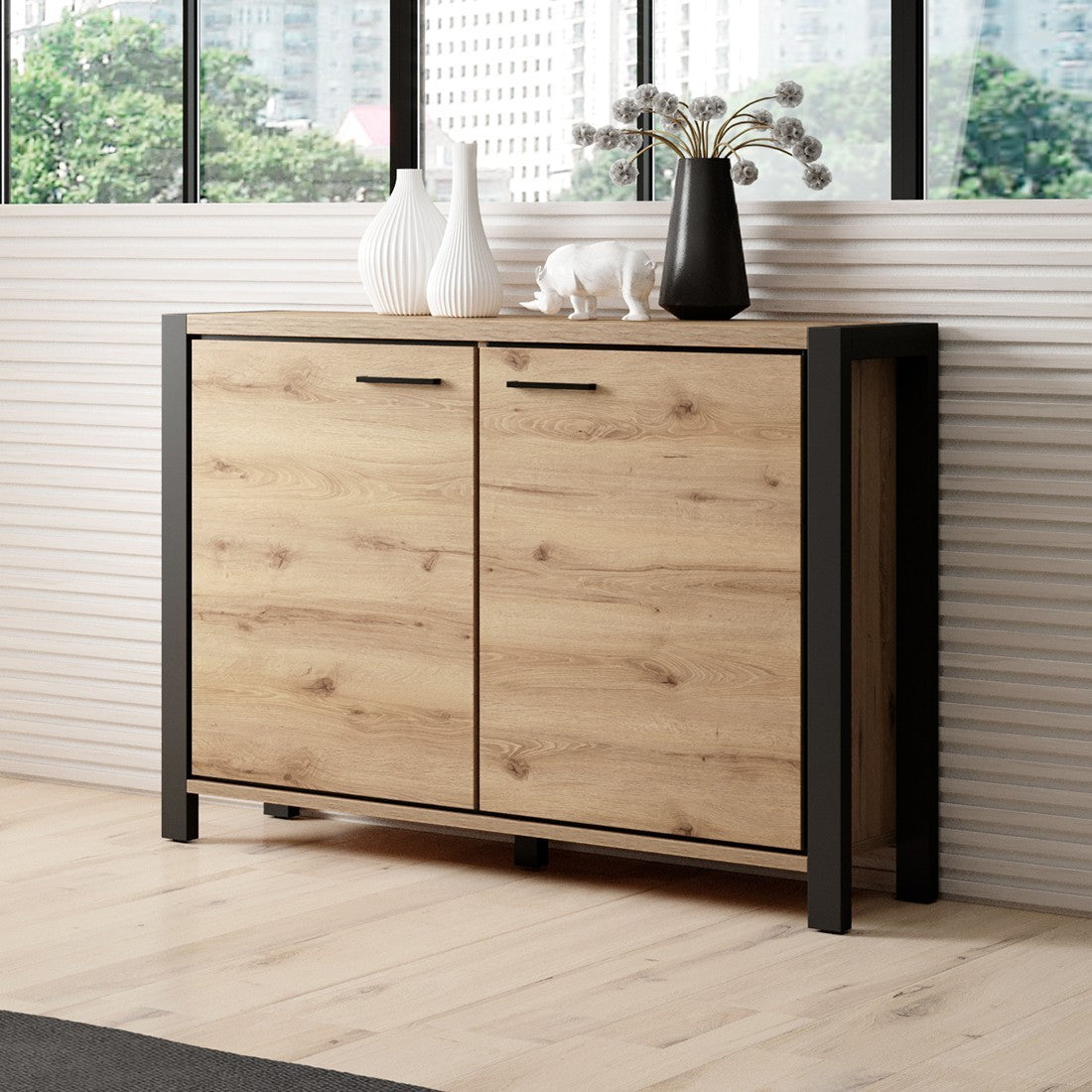 Credenza piccola modello 110cm collezione BOWIE con 2 ante colore quercia e nero.