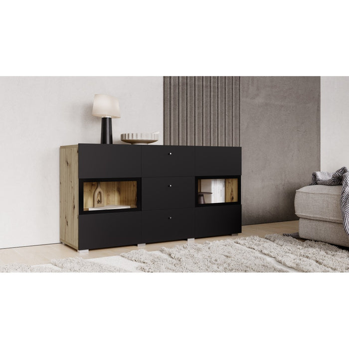 Buffet a 2 porte e 3 cassetti collezione RAMOS. Colore rovere e nero super opaco.