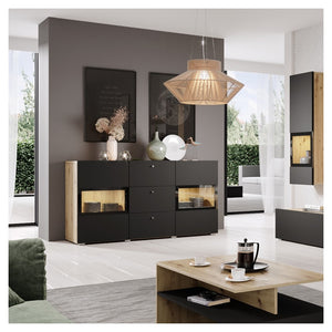 Buffet a 2 porte e 3 cassetti collezione RAMOS. Colore rovere e nero super opaco.