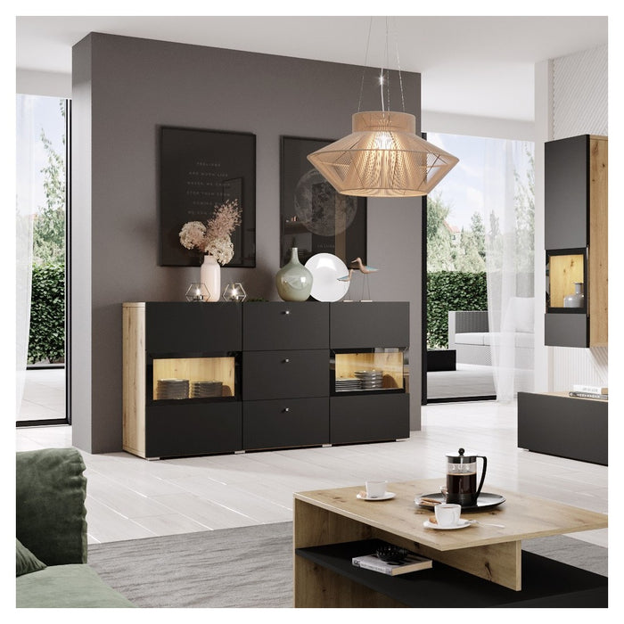 Buffet a 2 porte e 3 cassetti collezione RAMOS. Colore rovere e nero super opaco.