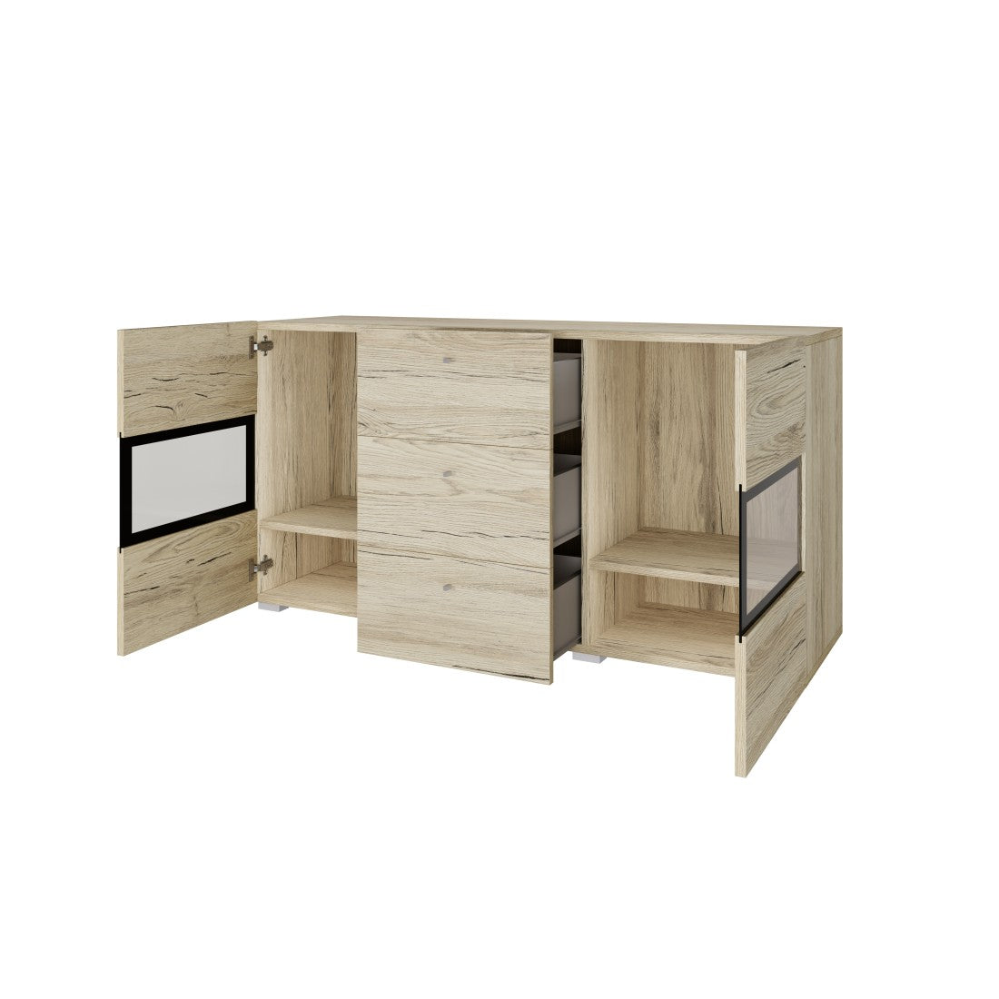 Buffet a 2 ante e 3 cassetti collezione RAMOS. Colore rovere e nero.