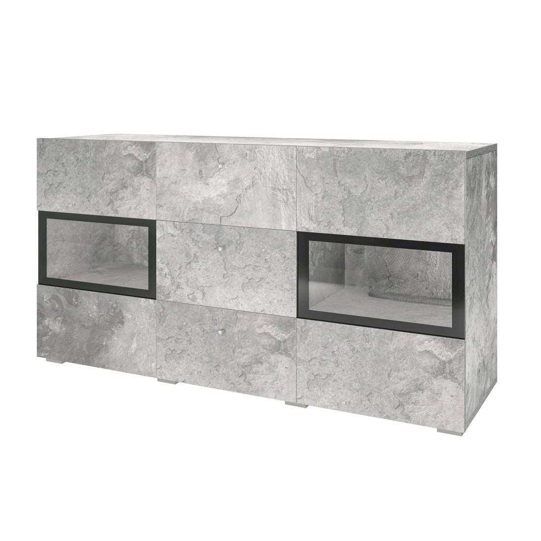 Buffet con 2 porte e 3 cassetti collezione RAMOS. Color grigio effetto cemento e nero.