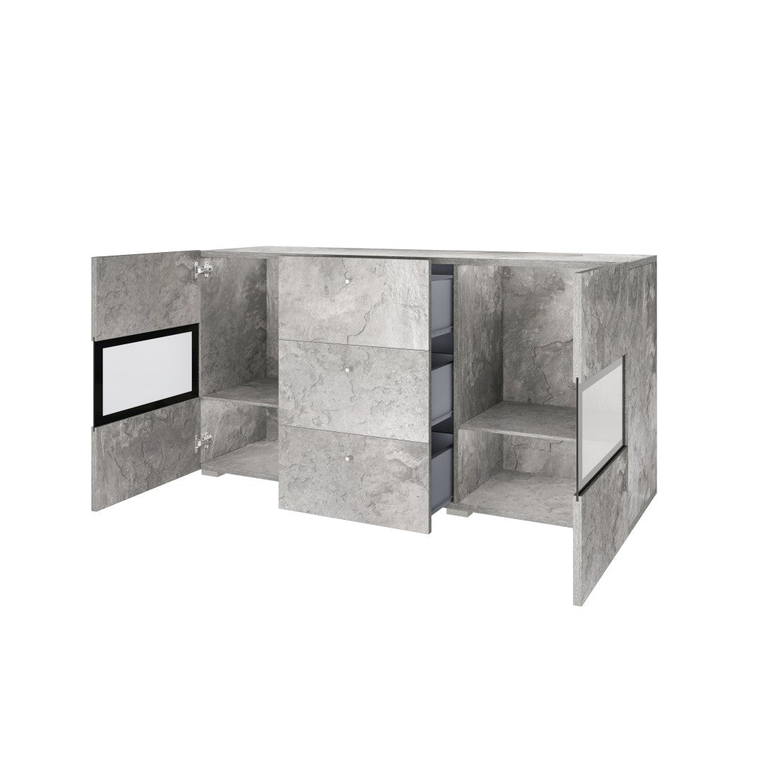 Buffet con 2 porte e 3 cassetti collezione RAMOS. Color grigio effetto cemento e nero.