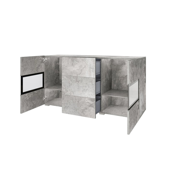 Buffet con 2 porte e 3 cassetti collezione RAMOS. Color grigio effetto cemento e nero.