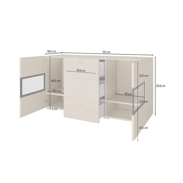 Buffet con 2 porte e 3 cassetti collezione RAMOS. Color grigio effetto cemento e nero.