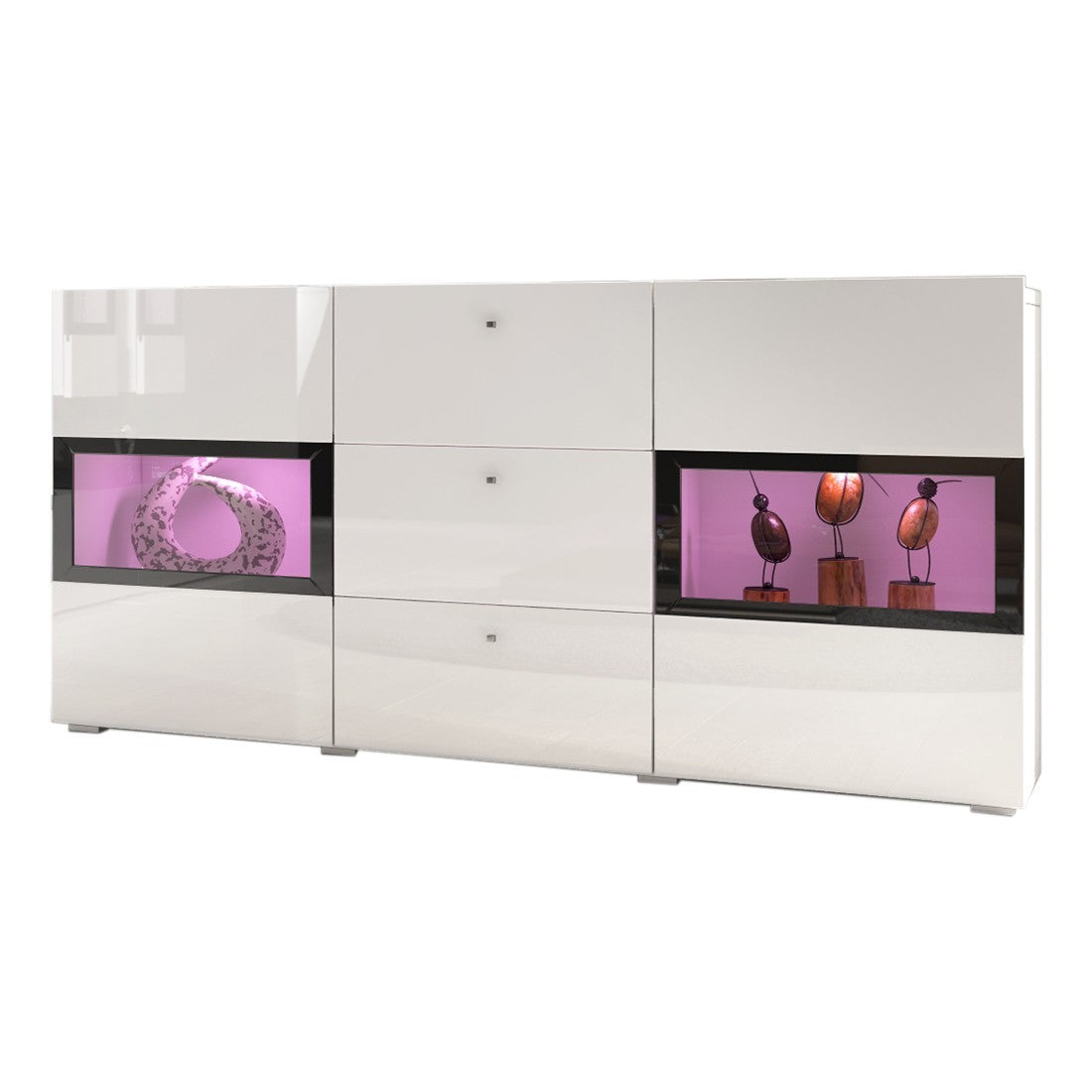 Credenza con 2 ante e 3 cassetti collezione RAMOS. Illuminazione LED integrata. Colori bianco lucido e nero.