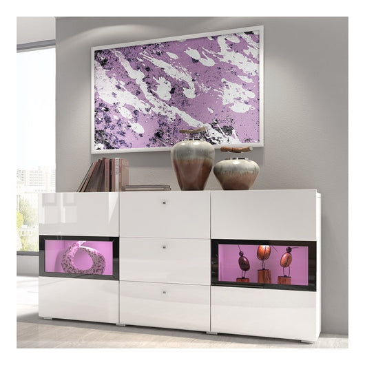 Credenza con 2 ante e 3 cassetti collezione RAMOS. Illuminazione LED integrata. Colori bianco lucido e nero.