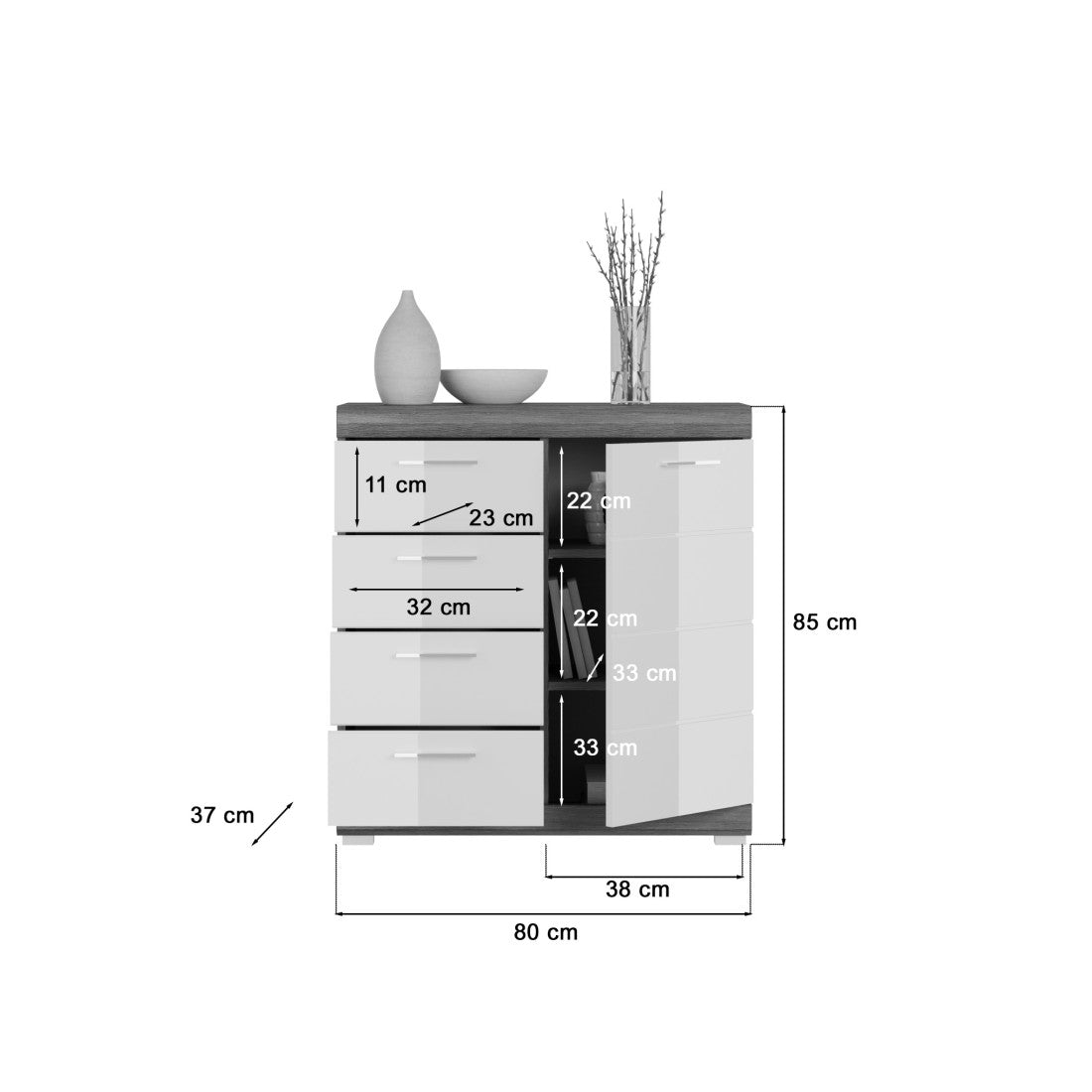 Buffet SCOTT – 4 cassetti e 1 porta – Grigio scuro e bianco – 80x85x37 cm