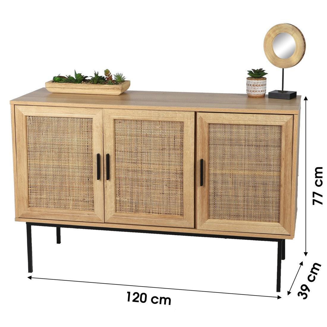 Buffet a tre ante in juta – Stile rustico, colore rovere chiaro, dimensioni 120x39x75 cm – Collezione SAVORY