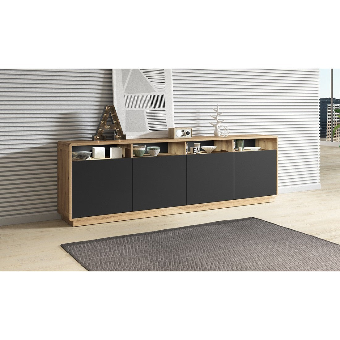 Buffet XL 240cm collezione VILLA. Colore rovere e nero. 4 porte e 4 nicchie illuminate.