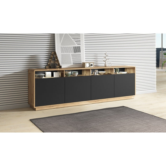 Buffet XL 240cm collezione VILLA. Colore rovere e nero. 4 porte e 4 nicchie illuminate.