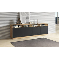 Buffet XL 240cm collezione VILLA. Colore quercia e nero. 4 porte e 4 nicchie.