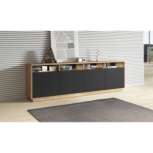 Buffet XL 240cm collezione VILLA. Colore quercia e nero. 4 porte e 4 nicchie.