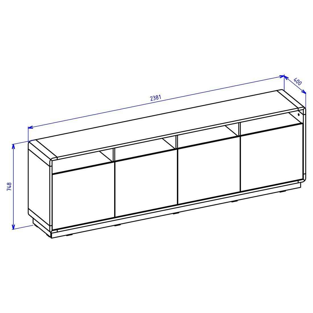 Buffet XL 240cm collezione VILLA. Colore quercia e nero. 4 porte e 4 nicchie.