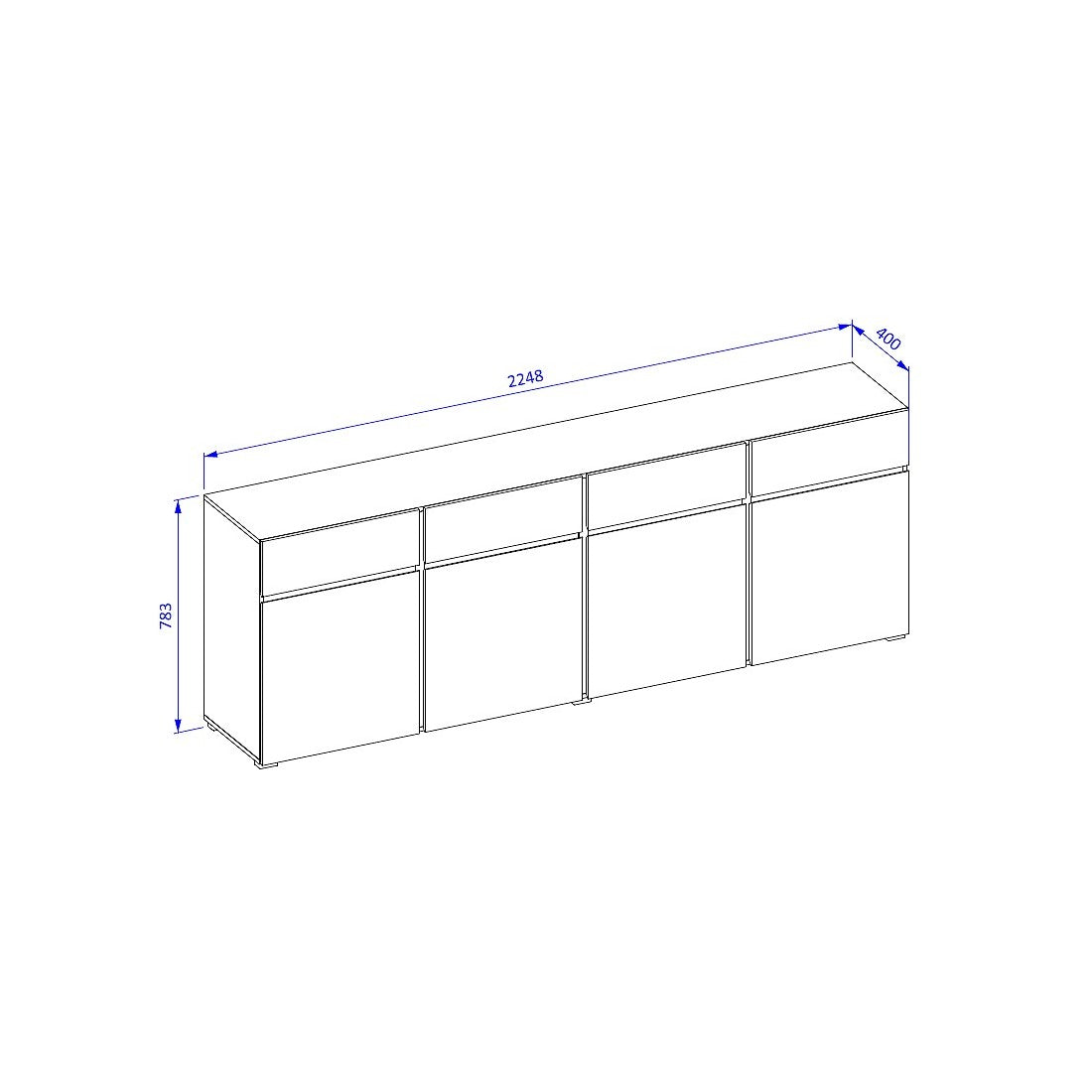 Buffet XL colori quercia e nero 225cm collezione HAVANA. Credenza design con 4 porte e 4 cassetti.