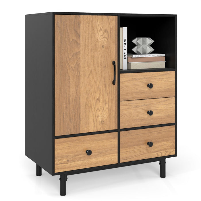 Mobile contenitore moderno met¨¤ secolo con 4 cassetti e scomparto aperto-Buffet sideboard in metallo robuste per soggiorno Naturale