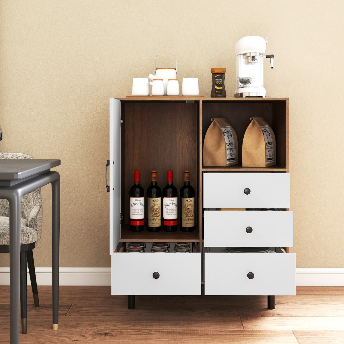 Mobile contenitore moderno met¨¤ secolo con 4 cassetti e scomparto aperto-Buffet sideboard in metallo robuste per soggiorno Bianco