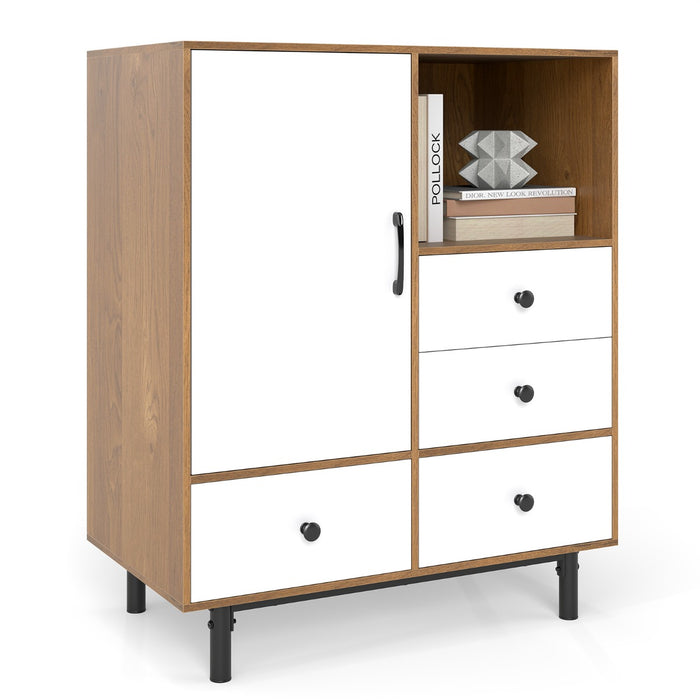 Mobile contenitore moderno met¨¤ secolo con 4 cassetti e scomparto aperto-Buffet sideboard in metallo robuste per soggiorno Bianco