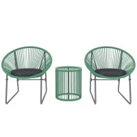 Set Mobili da Esterno 3 Pezzi, 1 Tavolo, 2 Sedie, Piano in Vetro, Rattan Sintetico Avvolto Intorno a Telai in Acciaio, Cuscini Soffici, Verde