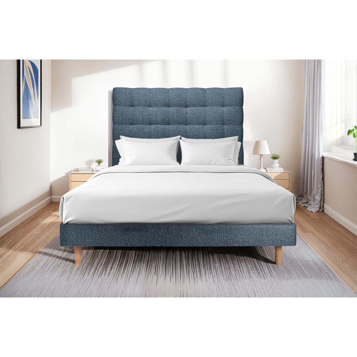 Letto 135x190 cm con testata imbottita - tessuto bouclé