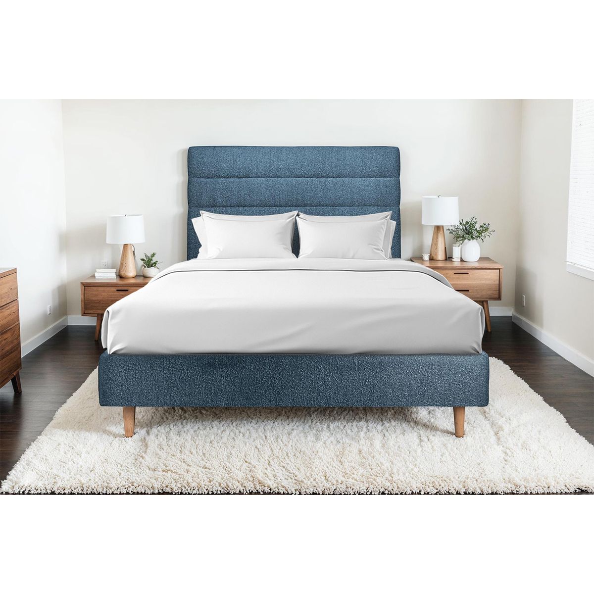 Testiera in tessuto bouclé blu con linee L135 cm