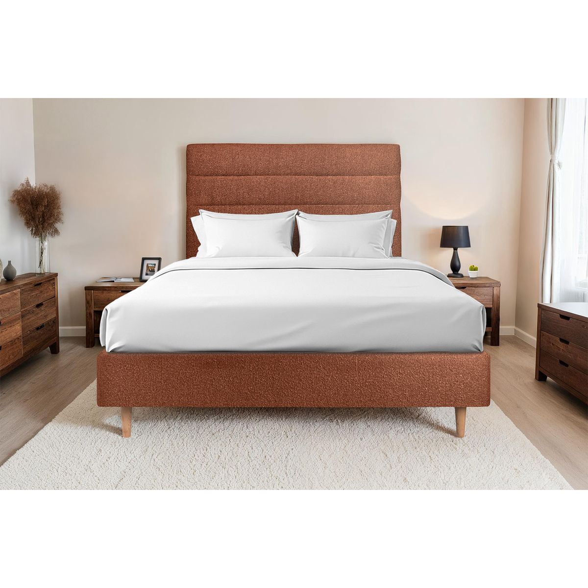 Testiera in tessuto bouclé terracotta con linee L135 cm