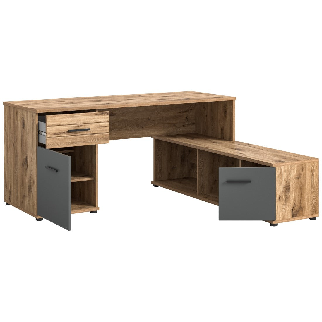 Scrivania ad angolo con 2 cassetti, 1 armadietto e 2 nicchie – Grigio antracite e rovere chiaro – SELMA