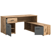 Scrivania ad angolo con 2 cassetti, 1 armadietto e 2 nicchie – Grigio antracite e rovere chiaro – SELMA