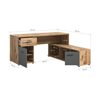 Scrivania ad angolo con 2 cassetti, 1 armadietto e 2 nicchie – Grigio antracite e rovere chiaro – SELMA