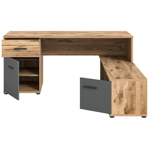 Scrivania ad angolo con 2 cassetti, 1 armadietto e 2 nicchie – Grigio antracite e rovere chiaro – SELMA