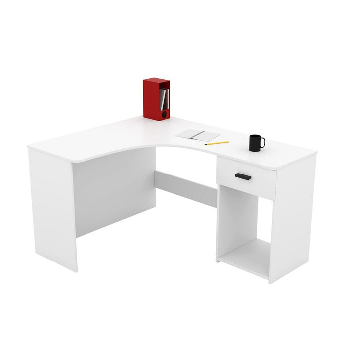 Scrivania angolare design con numerosi vani di contenimento collezione LOUANE colore bianco.