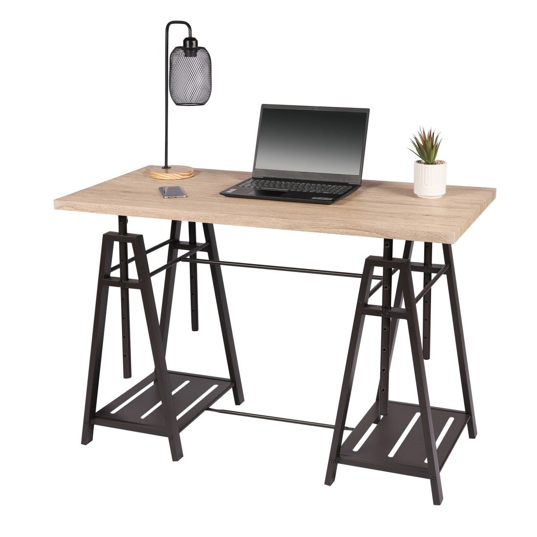 Scrivania di design da architetto collezione DARYL – Dimensioni 120x59x75 cm, colore rovere chiaro e gambe in metallo nero.