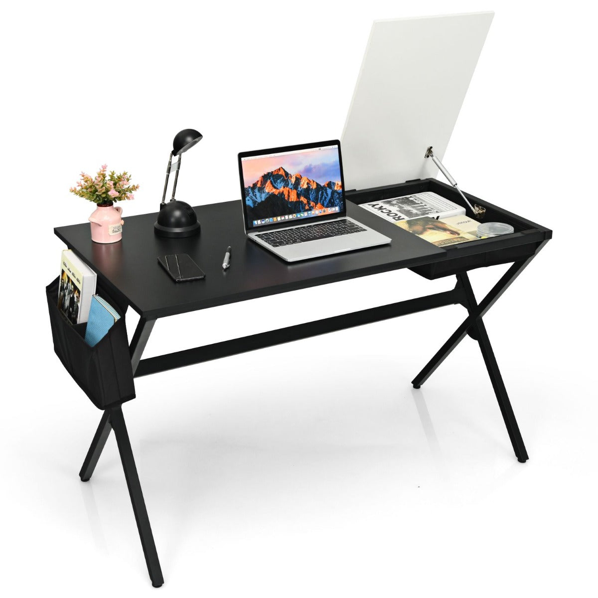 Scrivania per computer 120 x 60 x 73,5 cm con cassetto e borsa portaoggetti stile moderno MDF nero 20_0019216
