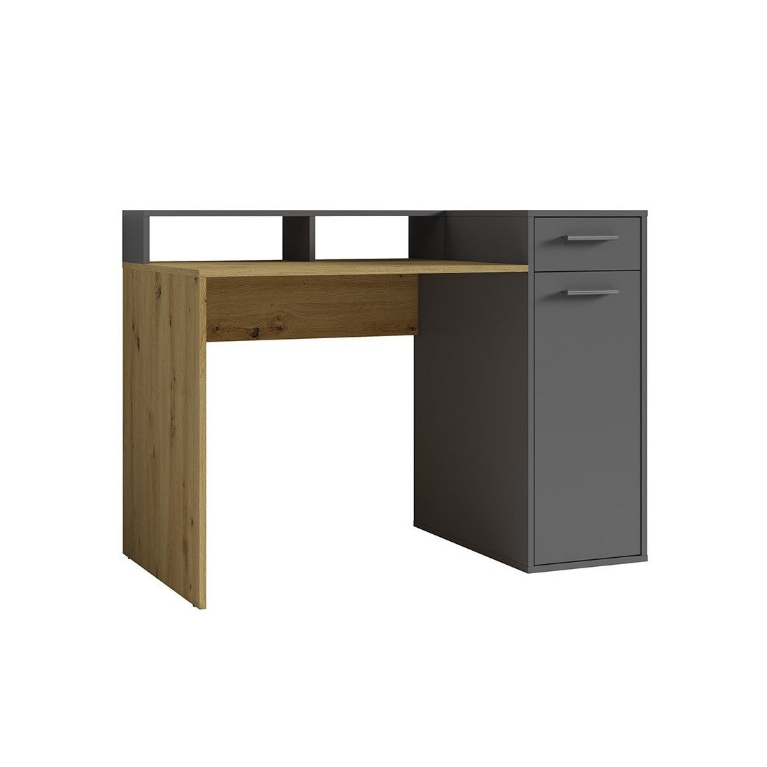 Scrivania OFFICE con cassettiera e supporto per monitor - Colori grigio e rovere - 120 x 90 x 65 cm