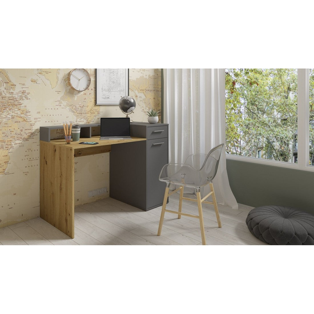 Scrivania OFFICE con cassettiera e supporto per monitor - Colori grigio e rovere - 120 x 90 x 65 cm