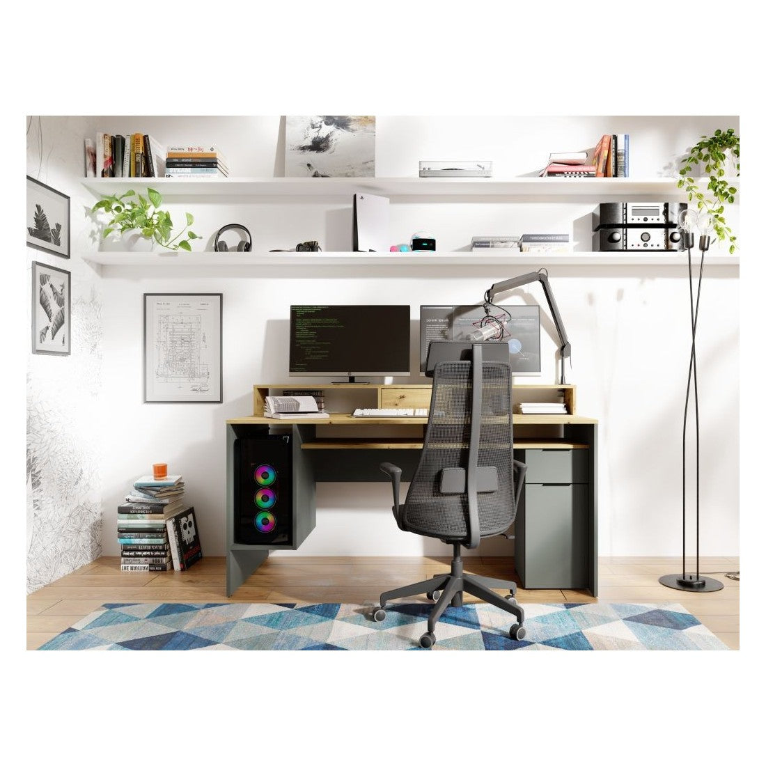 Scrivania per computer 160cm collezione ROXI colore quercia e grigio con spazi di archiviazione