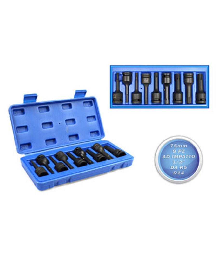Bussole Ribe Ad Impatto Attacco 1/2" Set 9 Pz Misure Da R5 A R14 Punte 75 Mm         