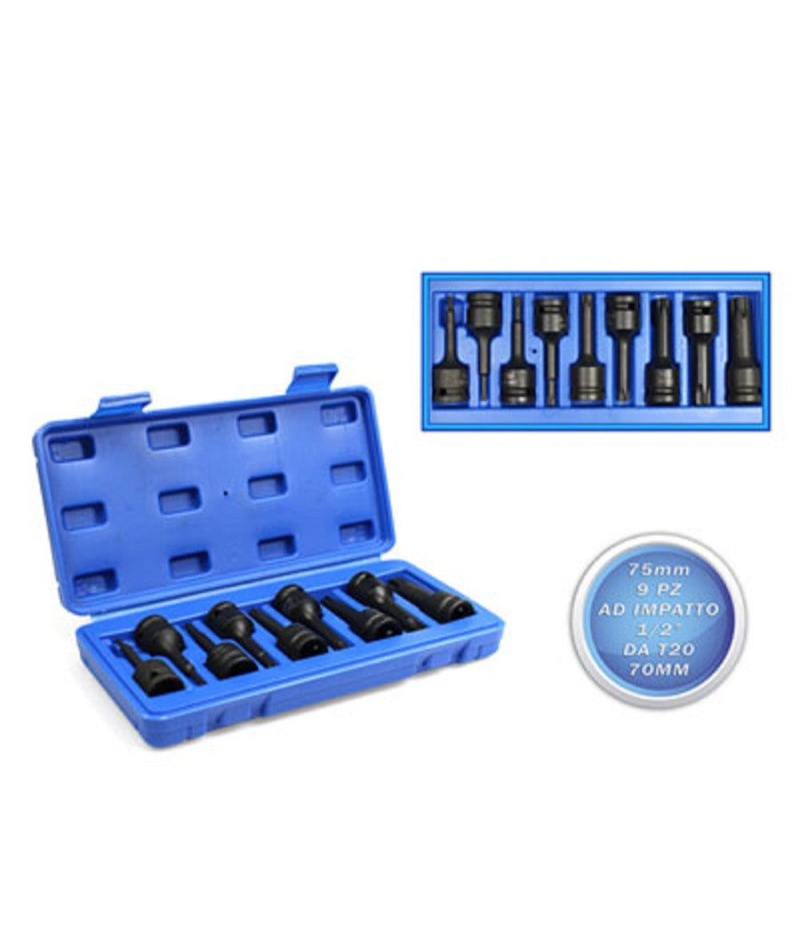 Bussole Torx Ad Impatto Attacco 1/2" Set 9 Pz Misure Da T20 A T70 Punte 75 Mm         